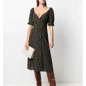 ba&sh Black Floral Midi Dress with Puff Sleeves
